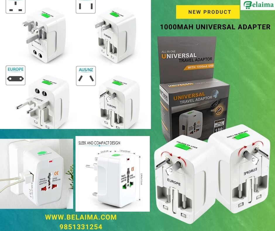 (White) 1000mAh Universal Adapter World Wide Travel Adapter : Built in Dual USB 