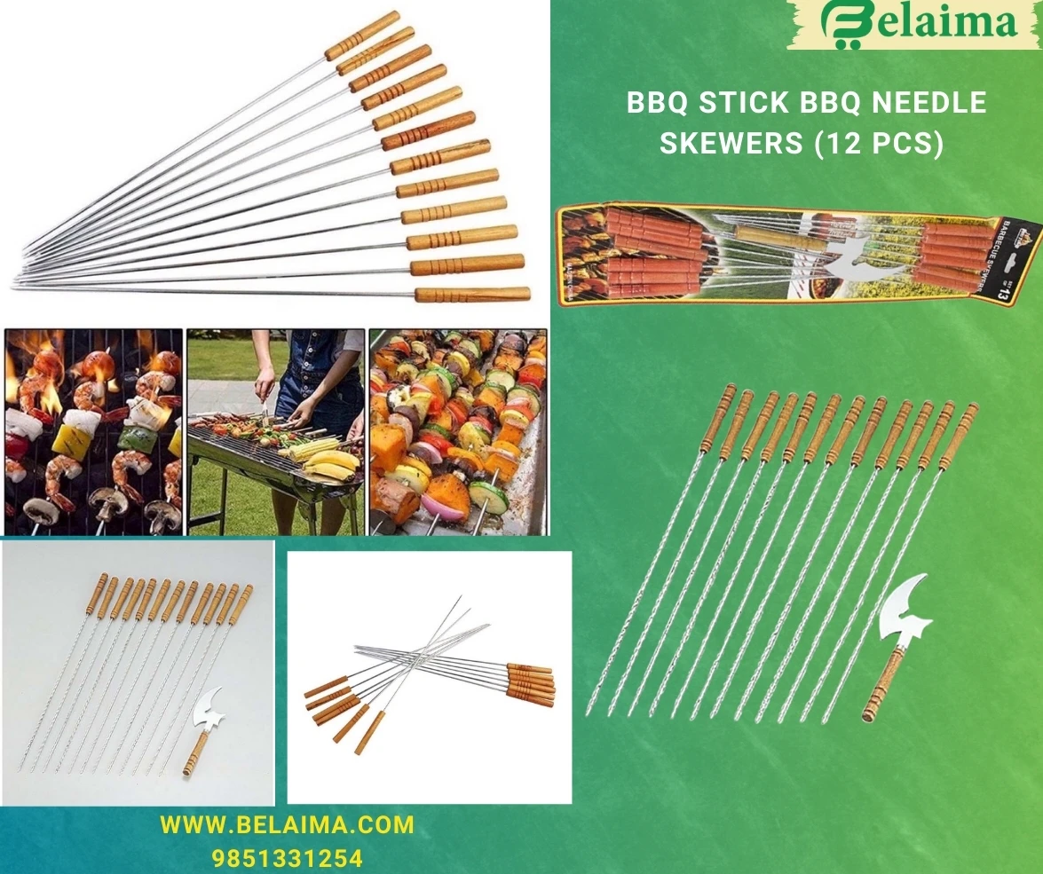 Stainless Steel 12pcs Barbecue Skewers Set Wooden Handle / Reusable Barbeque BBQ